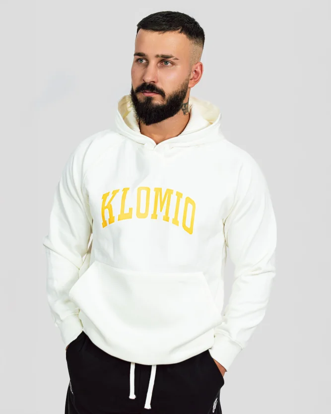 Biela štýlová fitness mikina pre mužov s kapucňou a vreckom, pohodlná športová mikina na cvičenie a voľný čas