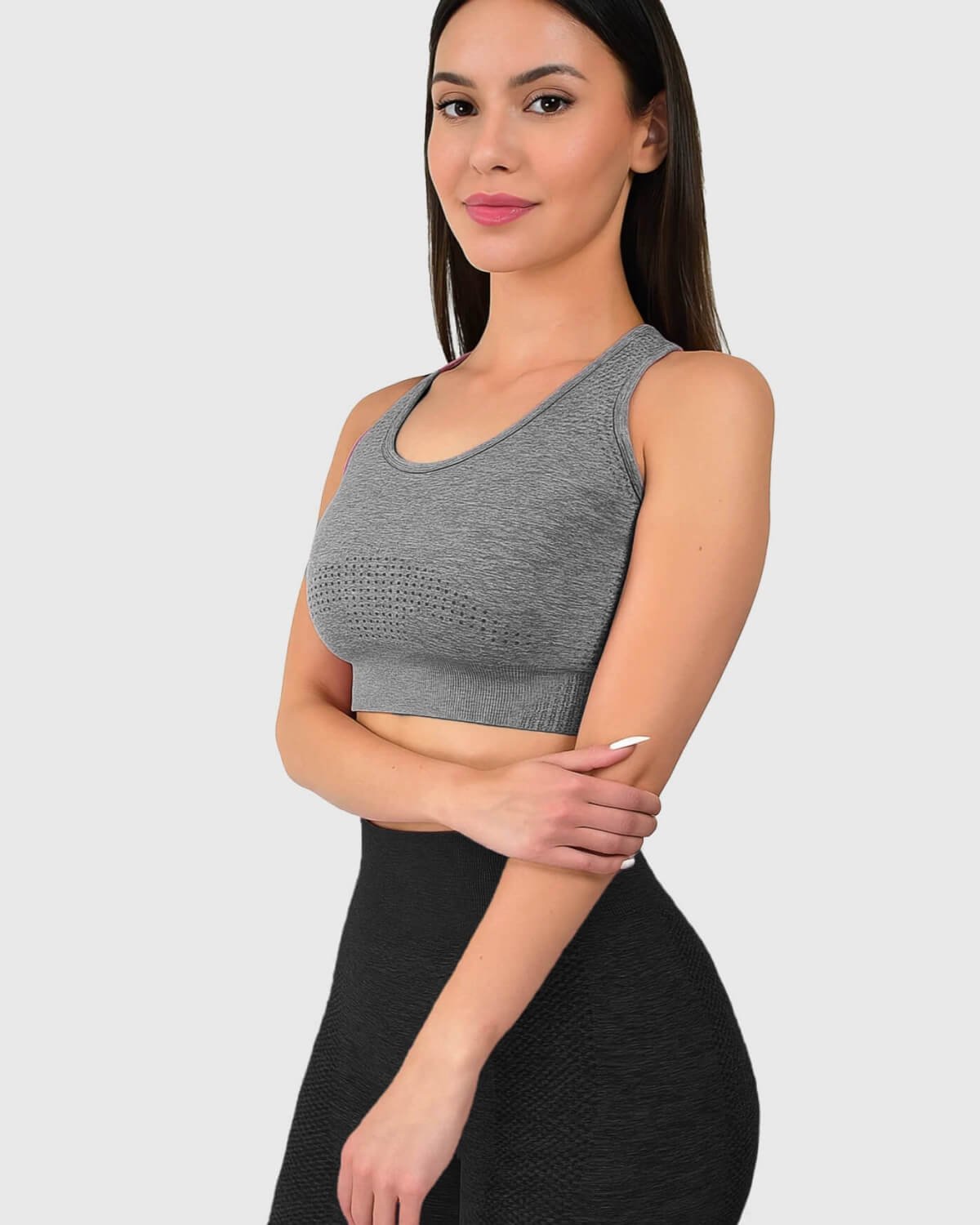 Sivá bezšvová športová podprsenka pre ženy, ideálna na fitness